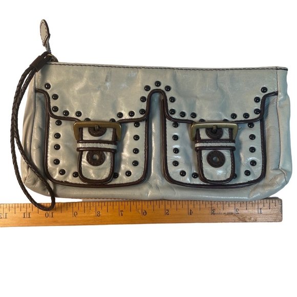 Kate Landry Leather Handbag Zipper Clutch Baby Blue Brown Stitch - Picture 7 of 8